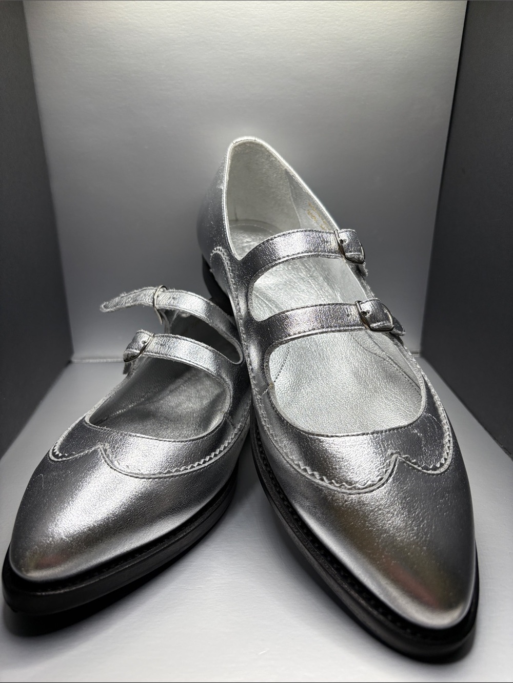 Office of Angela Scott Metallic Silver Double-Strap Mary Jane Flats - Women 9.5
